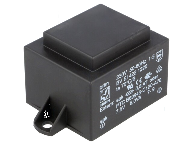 Transformator: ingegoten; 6VA; 230VAC; 7,5V; 800mA; 800mA; PCB; BVEI Transformator: ingegoten; 6VA; 230VAC; 7,5V; 800mA; 800mA; PCB; BVEI